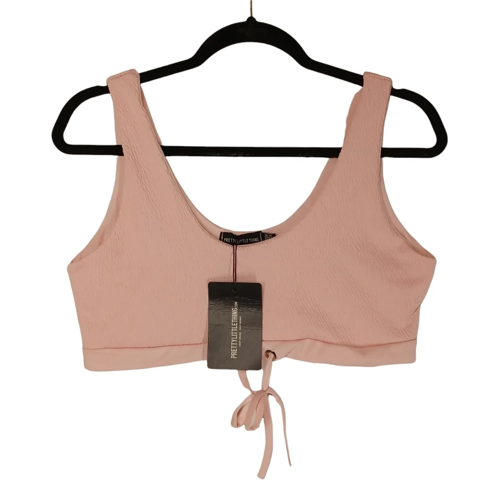 PRETTYLITTLETHING Baby Pink Crinkle Scoop Neck Drawstring Bikini Top 12 L NWT